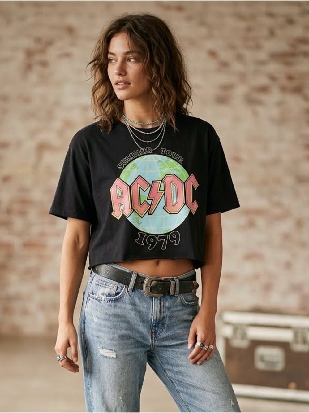 AC/DC Black & Pink Graphic Grunge Crop Vintage Inspired Tee - Summer Tour 1979